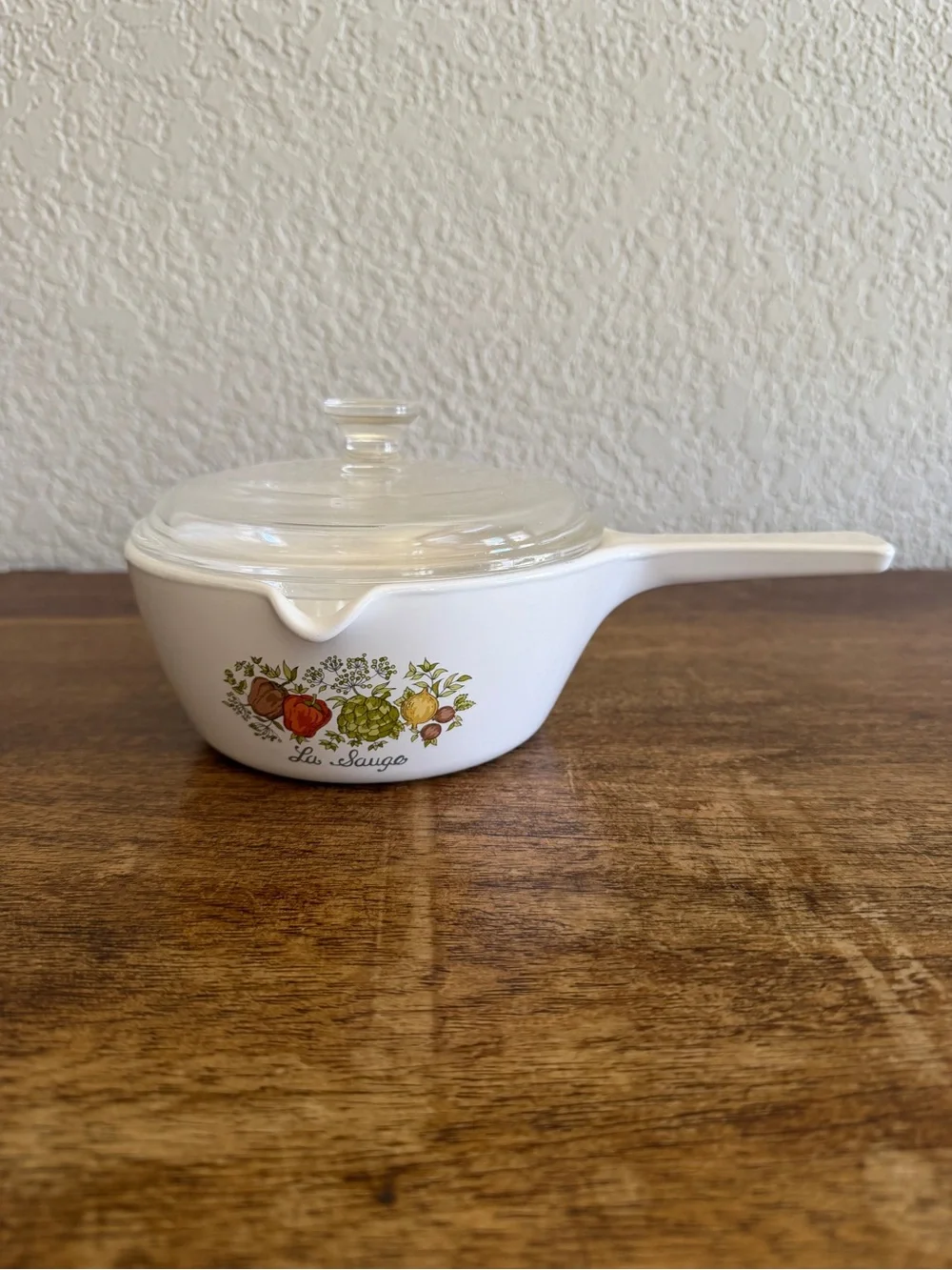 White Ceramic Saucepan with Clear Glass Lid and Harvest Vegetable Decal